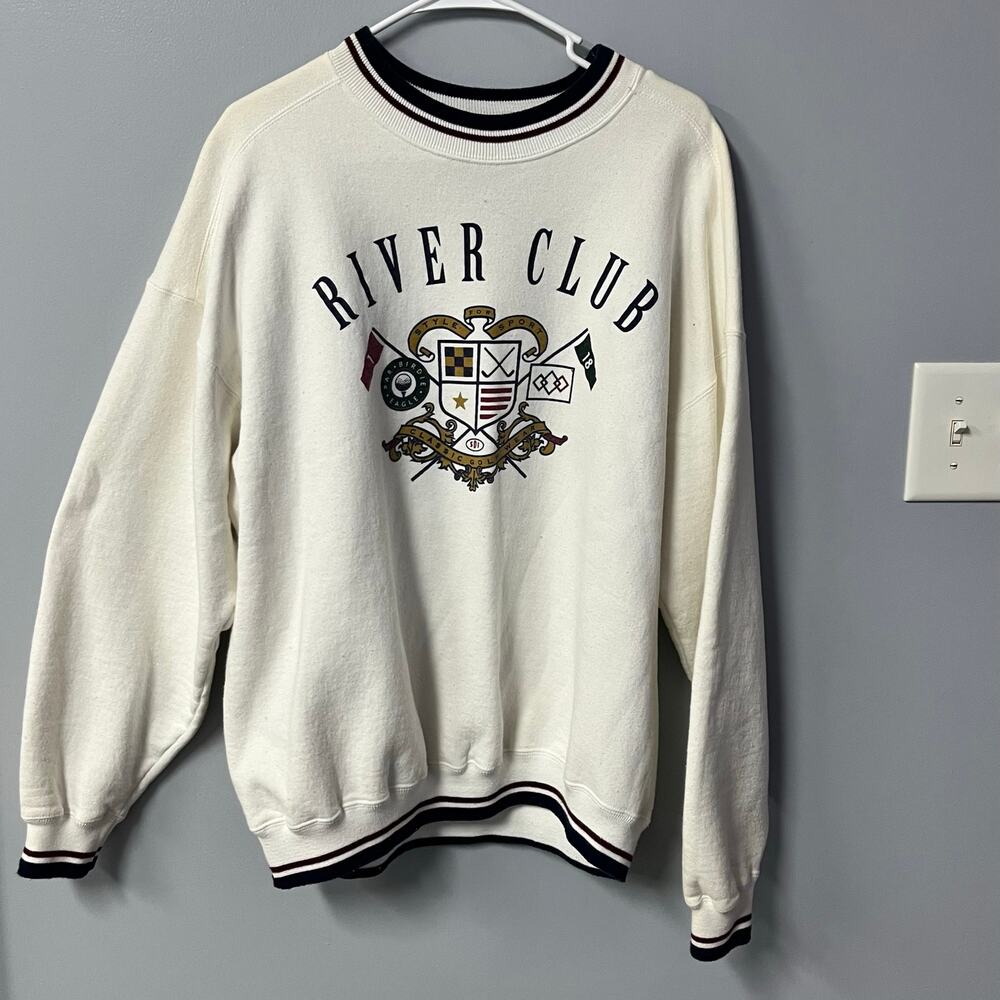 vintage white river club graphic crewneck sweatshirt golf x large  cotton retro‎